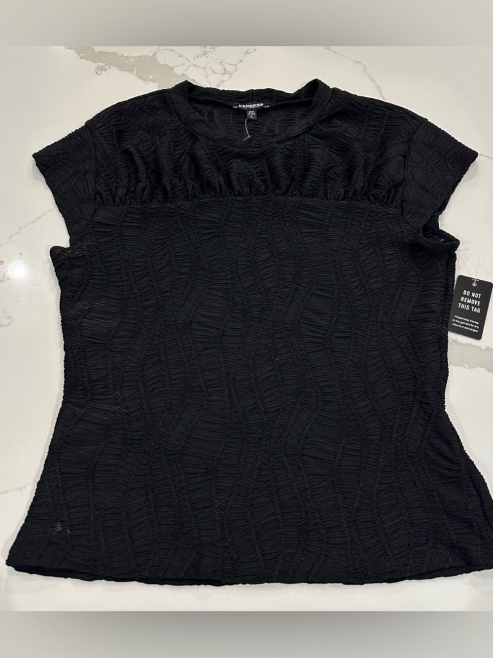 VTG Express Black Textured Short Sleeve Blouse Top Womens M Y2K 90s Ruched Sheer
